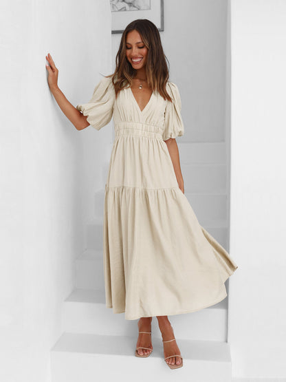 Apricot Deep V-Neck Puff Sleeve Layered Dress