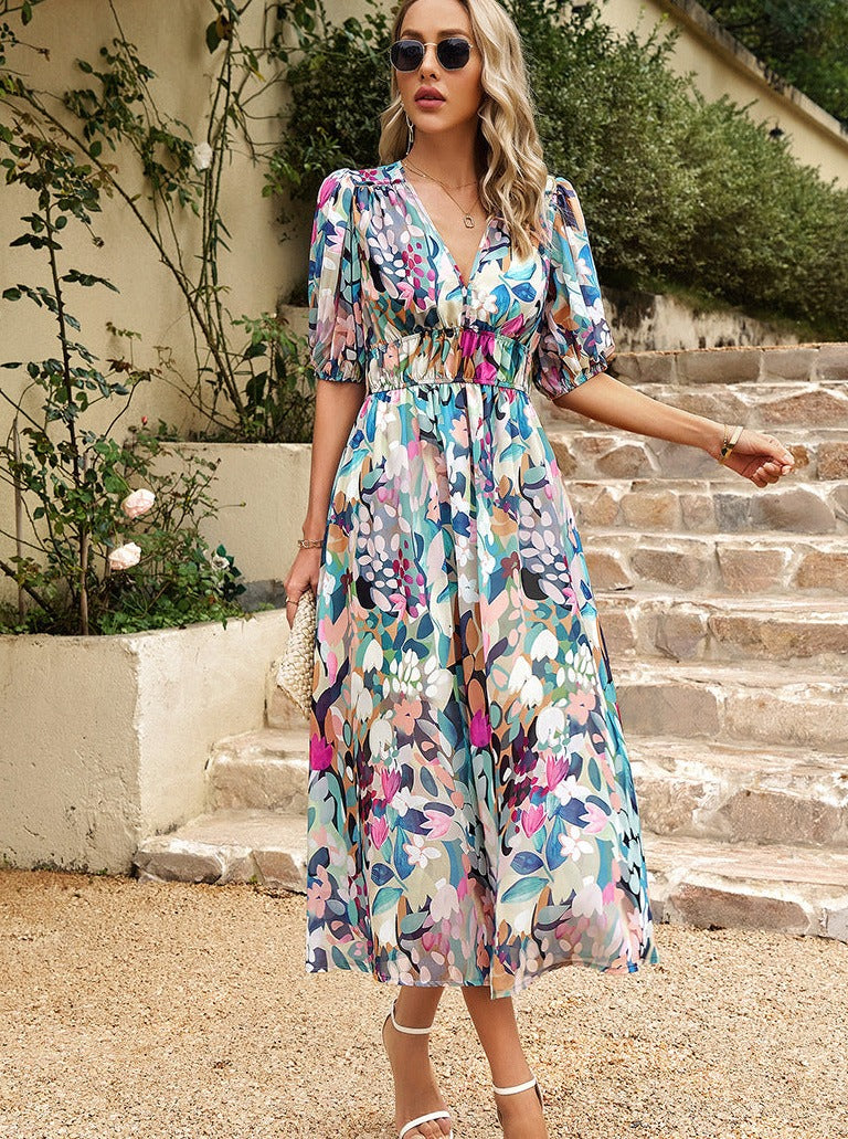 Boho Deep V-Neck Summer Temperament Midi Dress