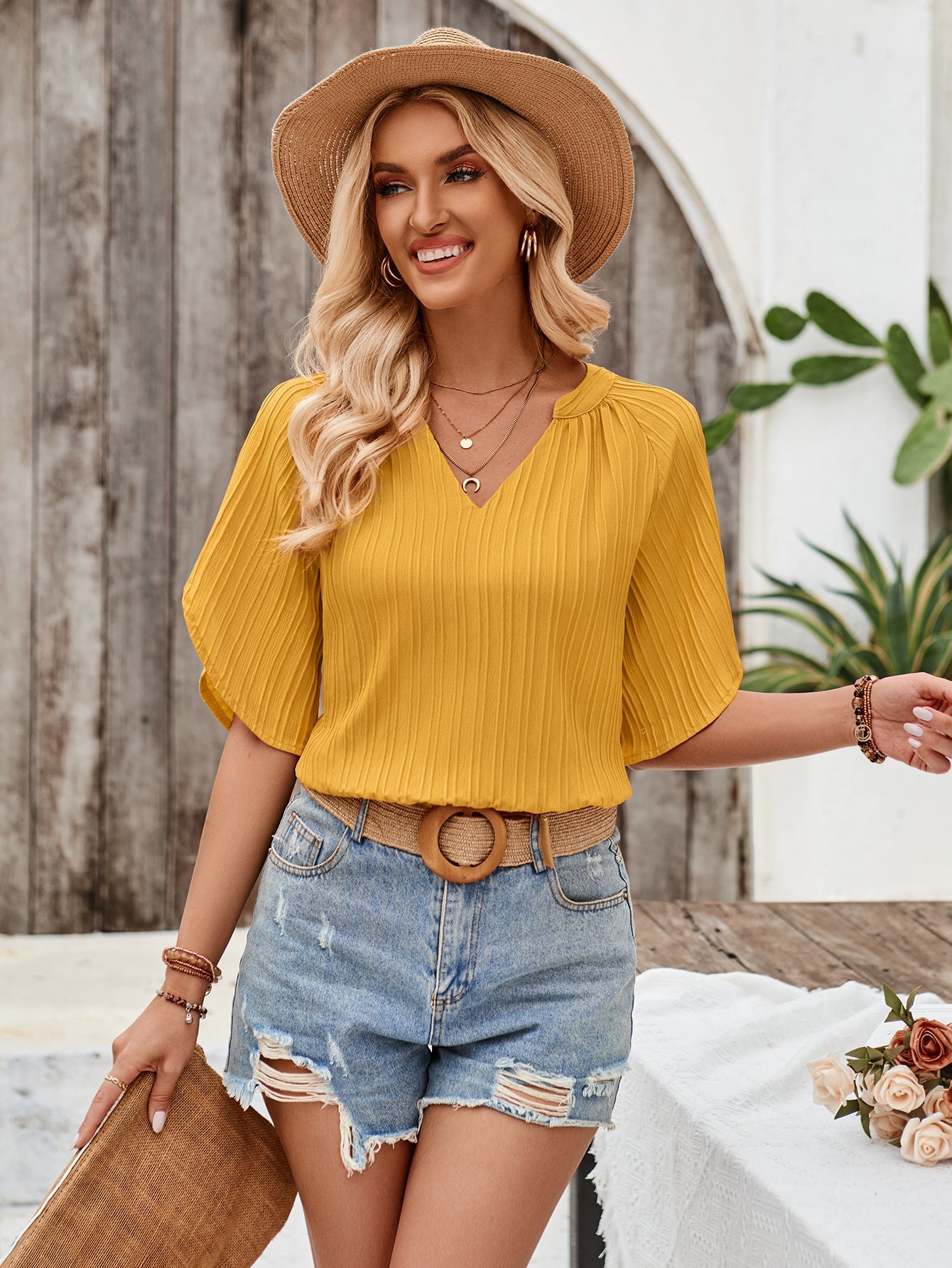 Solid Color V-Neck Slim Hollow Tops