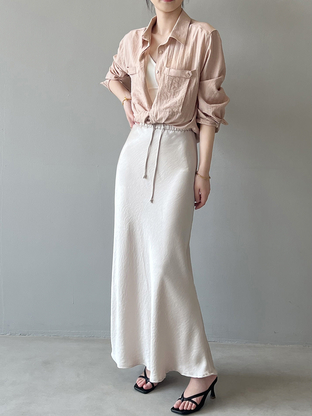 Simple White Drawstring Temperament Hip Long Skirt