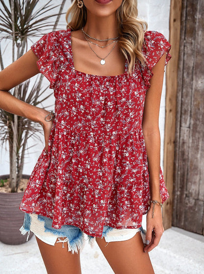 Red Floral Print Square Neck Temperament Top