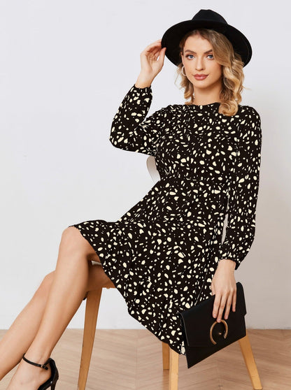 Floral Long Sleeve Temperament Waist Dress