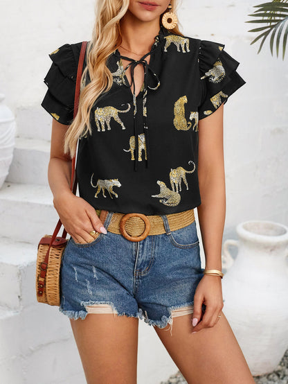 Ruffled Printed Tie Neck Short Sleeve Blouse