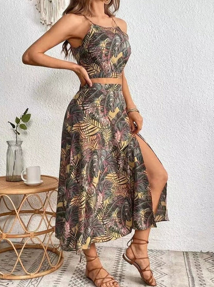 Two Piece Tropical Printed Skirt Set