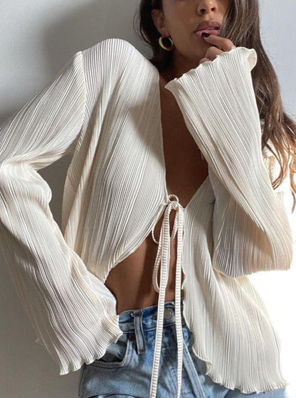 Sexy Trumpet Long-Sleeve Pleated Top