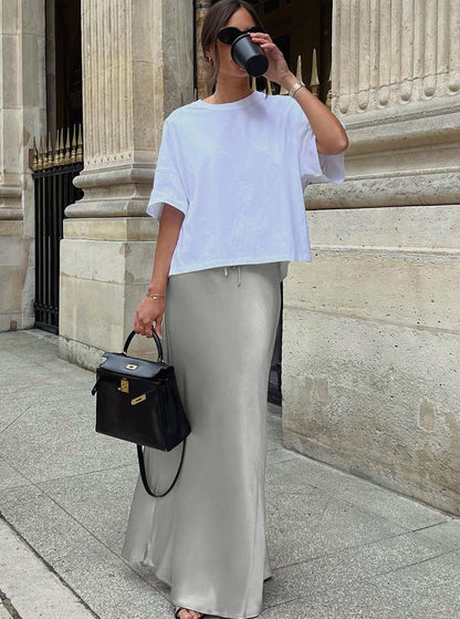 Solid Color Tie Waist Long Skirt