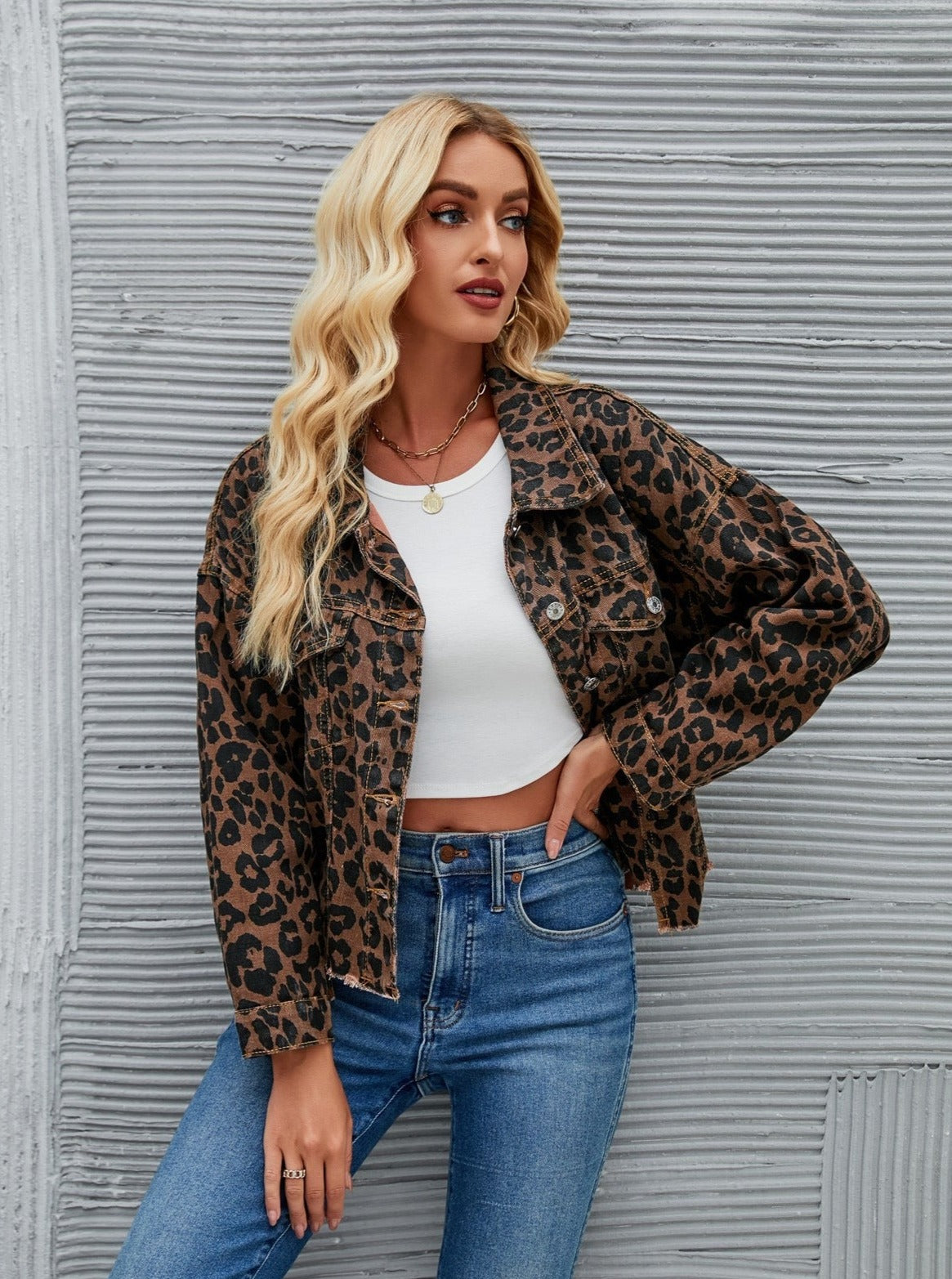 Casual Leopard Print Denim Short Jacket