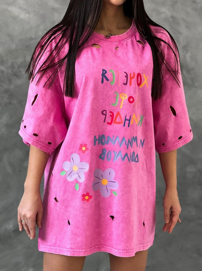 Pink Short Sleeves Loose Letter Print Mid-Length Shirt