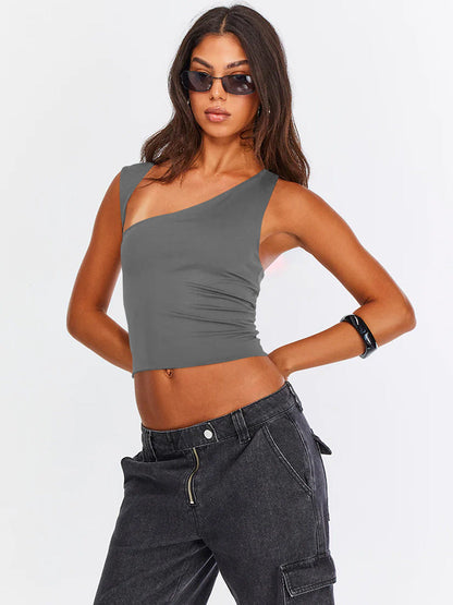 Grey Sexy One Shoulder Crop Top