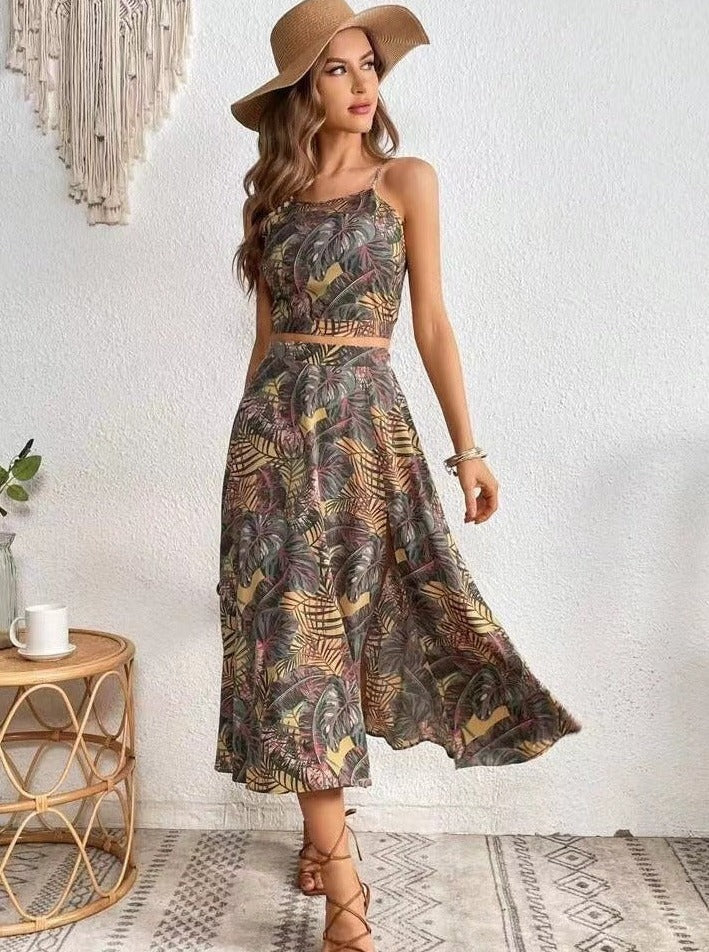 Two Piece Tropical Printed Skirt Set