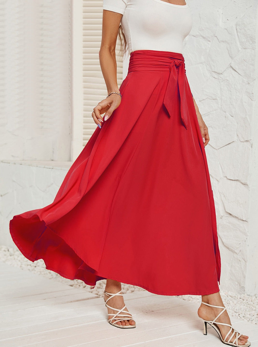 Solid Color Tie Waist Flared Lace Skirt