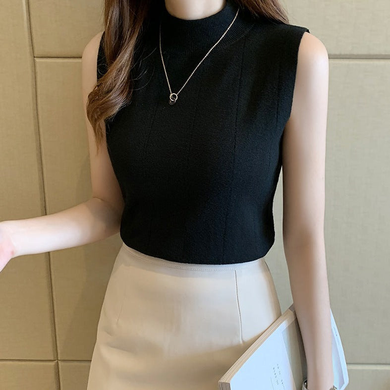 Elegant Casual Sleeveless Knitted Half Turtleneck Blouse